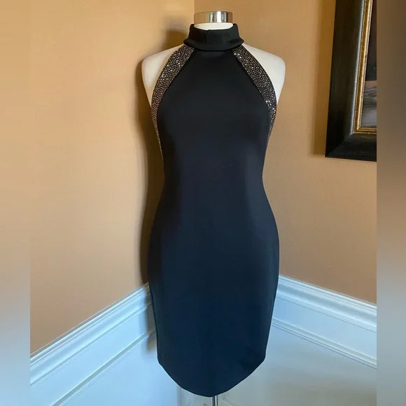 Calvin Klein Rhinestone-Trim Halter Sheath Dress 8 Black - Picture 3 of 13